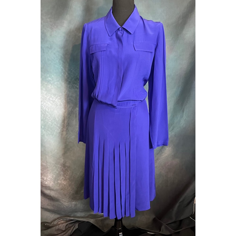 J. Peterman Royal Purple 100% Silk Pleated Pintuck Long Sleeve Dress Size 10